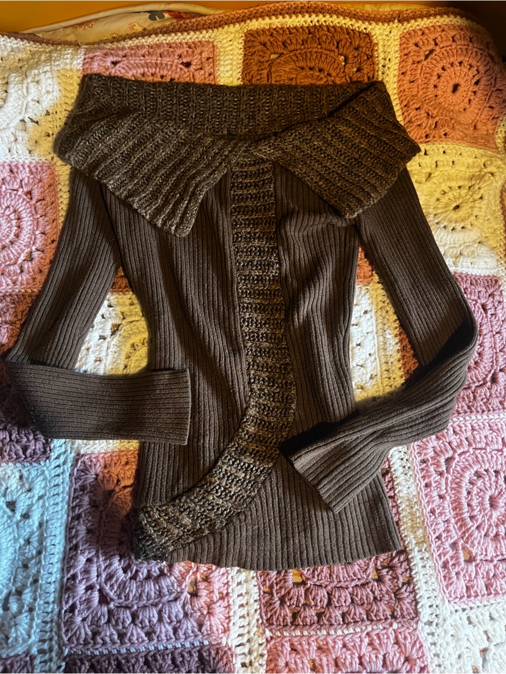 Brown Ribbed Off-Shoulder Women's Sweater